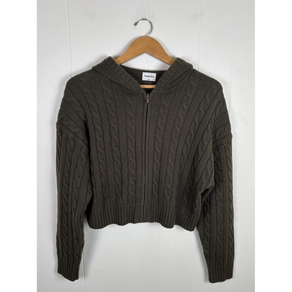Aritzia Sunday Best Small Octavia Cable Knit Zip Up Hoodie Wool Khaki Green